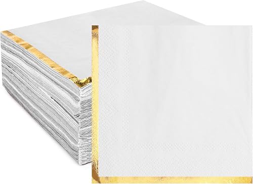 Fulmoon 200 Pcs Paper Napkins with Gold Foil Edge 2 Ply Cocktail Napkins Soft Disposable Golden Trim Lined Dinner Napkins Decorative Cocktail Napkin Paper for Wedding Birthday Anniversary (White)