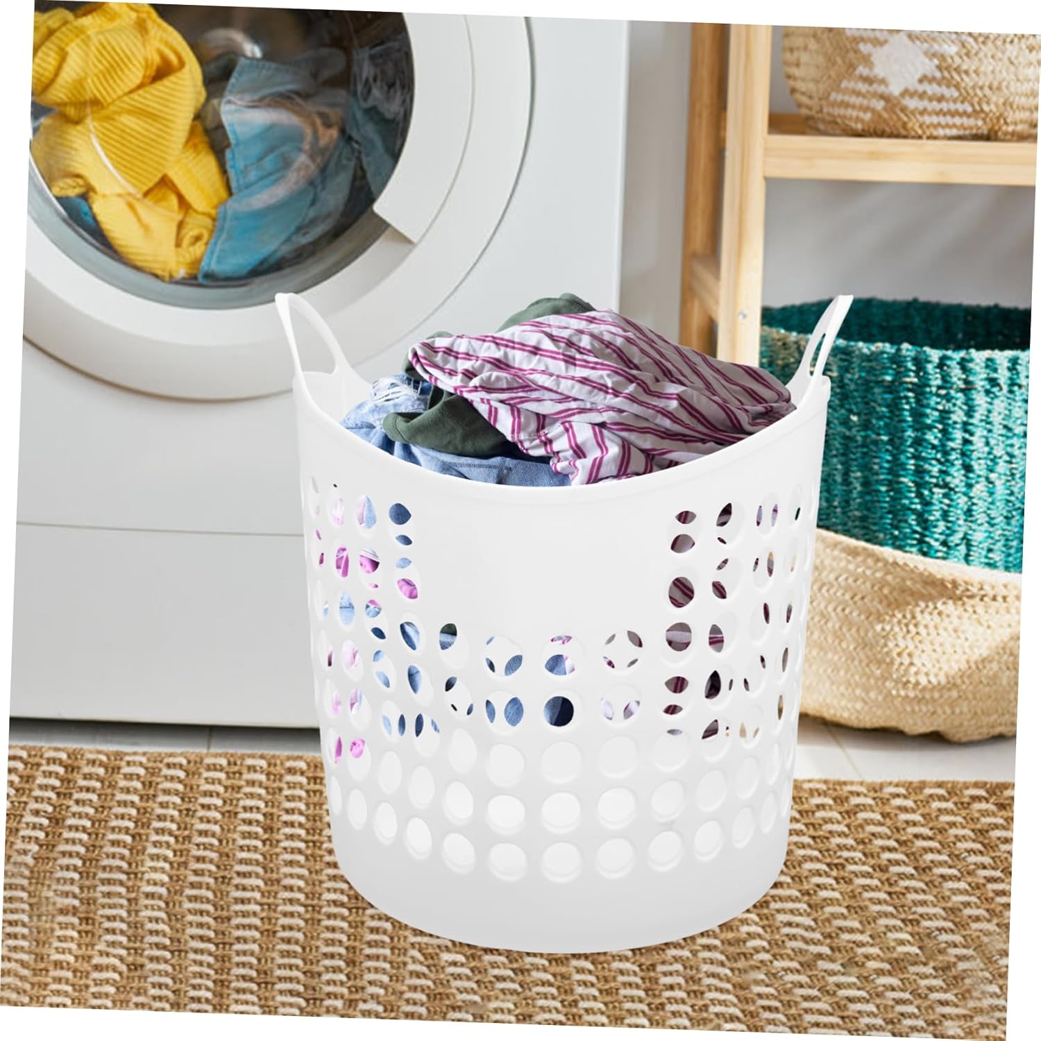 Healifty Plastic Laundry Basket with Handle Hollow Clothes Storage Hamper for Bathroom and Bedroom Portable Round Laundry Bin for Dirty Clothing and Organizer Smooth Surface Design