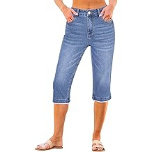 luvamia Capri Jeans for Women Trendy Mid Rise Distressed Raw Hem Casual Summer Stretchy Denim Capris Pants Relaxed Fit