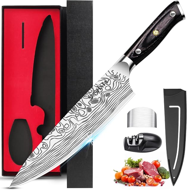MOSFiATA 8 inch Couteau de chef professionnel Super Sharp avec garde-doigts et aiguiseurs de couteaux, acier inoxydable haute carbone allemand EN1.4116 avec poignée Micarta et boîte cadeau