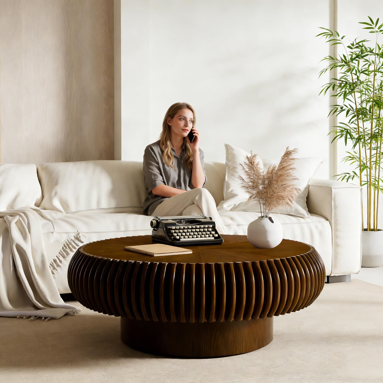 Feizhiyans Ds Modern Wooden Fluted Round Coffee Table,