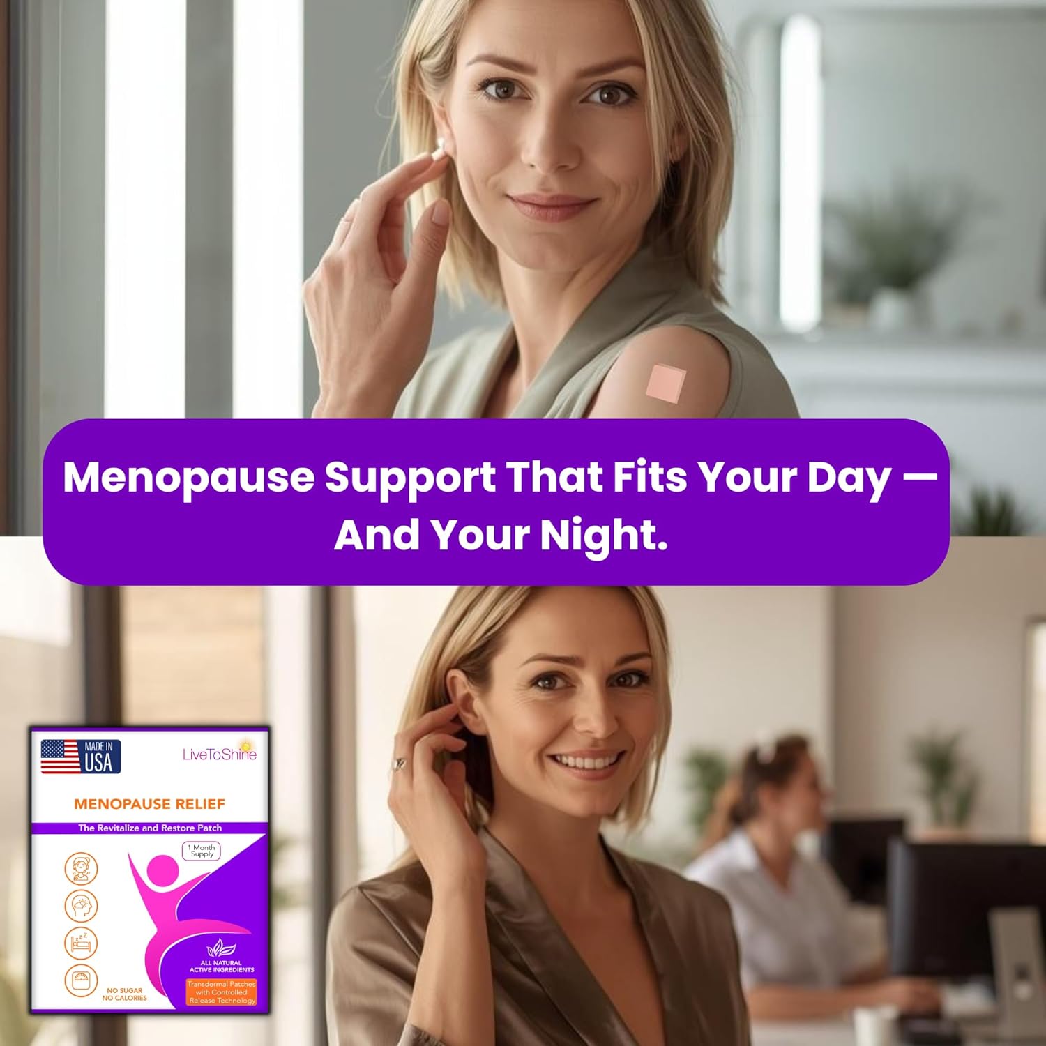 Menopause Relief and Melatonin Sleep Patch Bundle - 2 Packs - Hot Flashes, Night Sweats, Mood Swings Relief Plus Restful Sleep Patches - 30 Day Supply Per Pack (60 Patches) - USA Made by Live To Shine