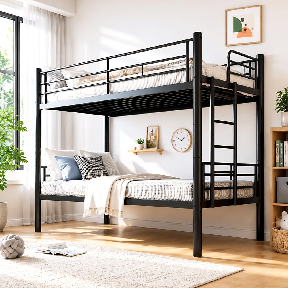 Letto a Castello per Adulti 90 X 200cm, Letto a Castello per Bambini con Scaletta & Ringhiera di Sicurezza, Trasformabile in Due Letti Singoli, Letti a Soppalco Metallo con Rete a Doghe (Nero)