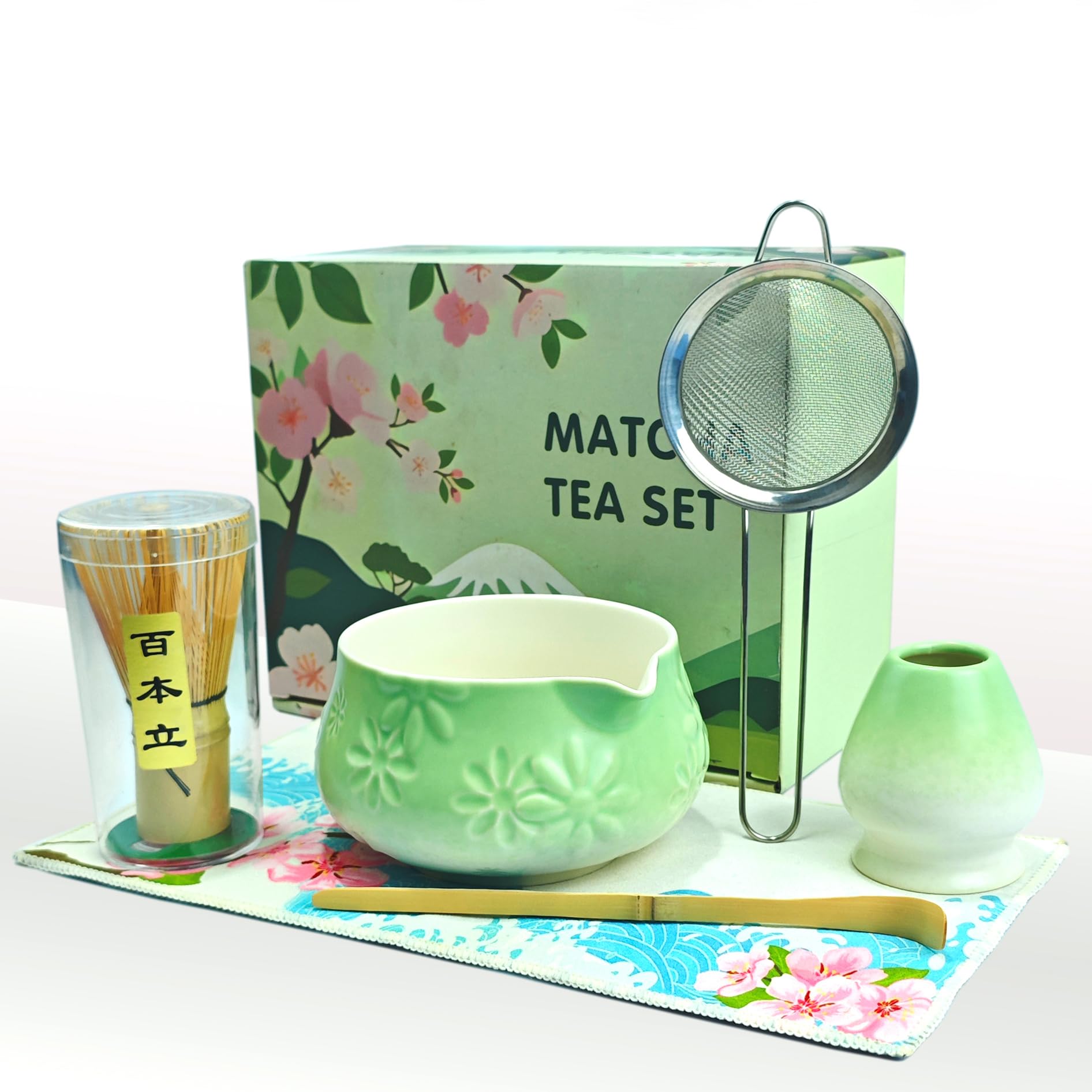 Service à matcha vert avec bol à bec et fouet chasen pour thé japonais