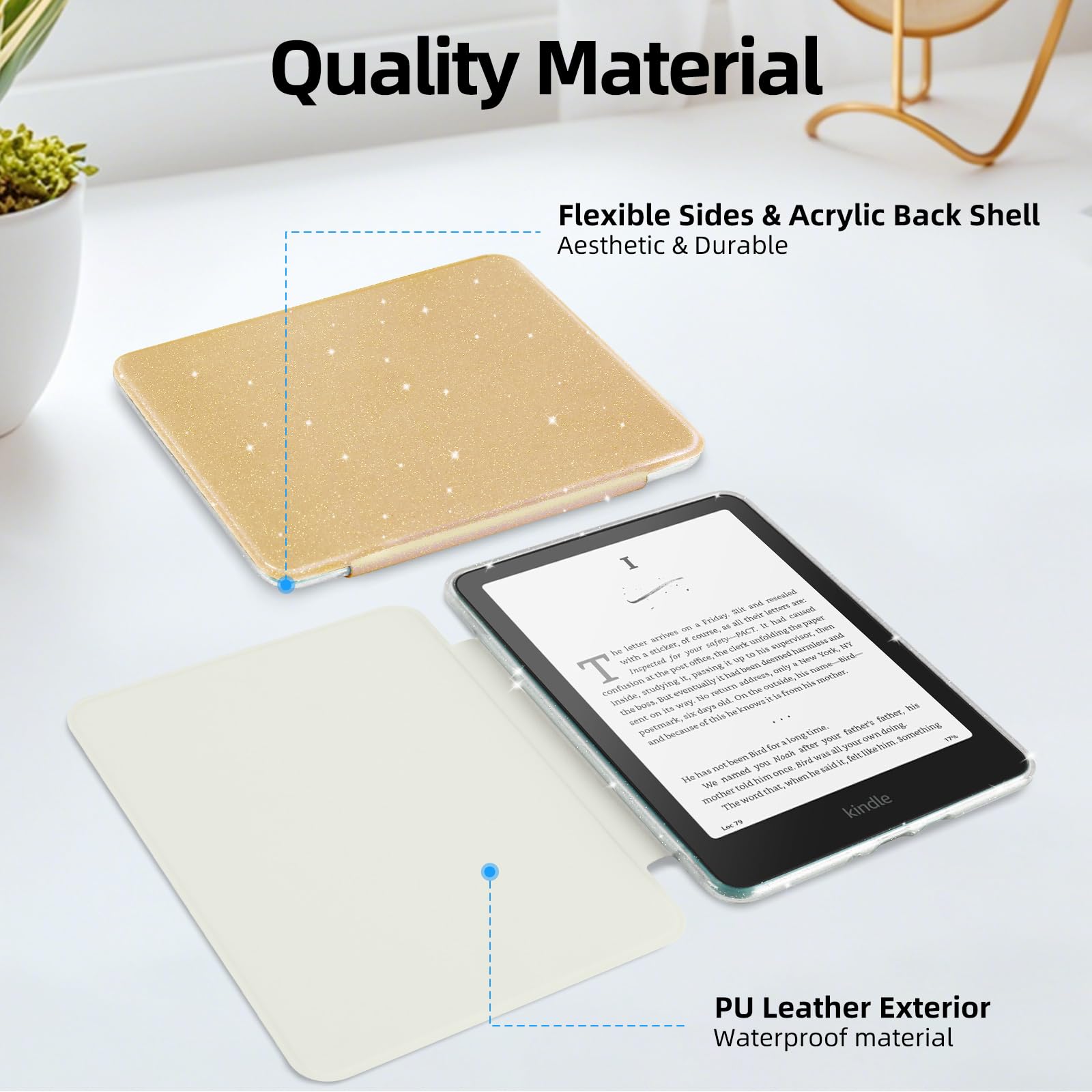 Custodia glitterata per Kindle Paperwhite da 7 pollici di 12a generazione 2024 e Kindle Colorsoft Signature Edition, guscio posteriore trasparente con custodia in pelle PU, funzione sleep/wake