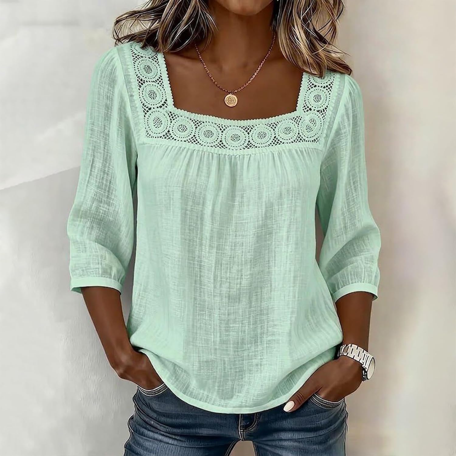 Womens Blouses Plus Size Hollowed-Out Square Collar 3/4 Sleeve Shirts Dressy Elegant Casual Tops