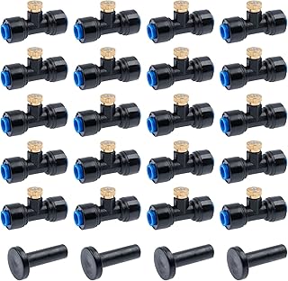 20 Pack Brass Misting Nozzle,1/4'' Slip-Lock Misting Nozzle Tees Misting System Nozzles with Plugs for Outdoor with 0.4mm Orifice Nozzle