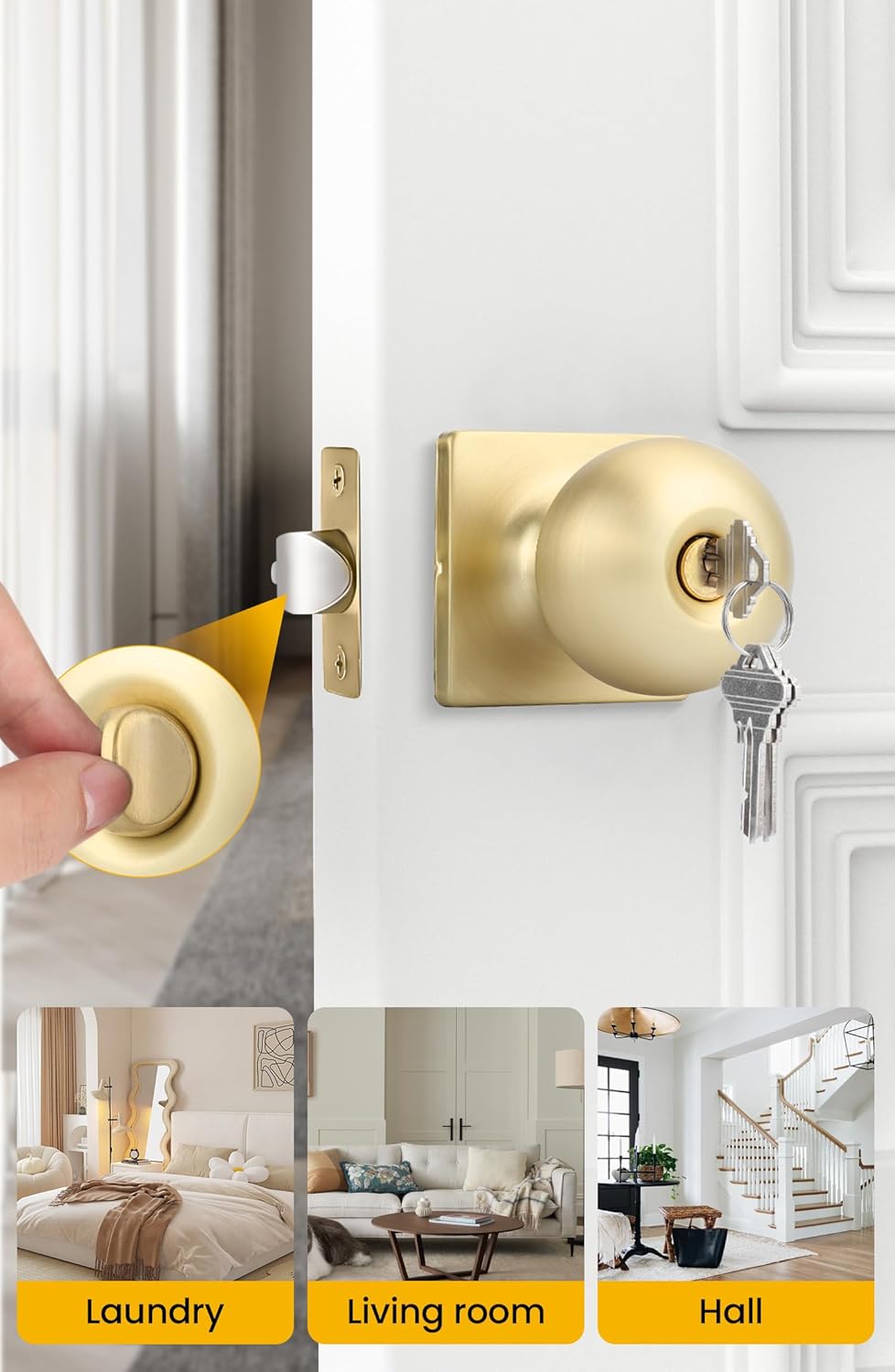 goldenwarm Gold Door Knob with Lock and Key, Brushed Gold Entry Door Knob Exterior, Front Locking Door Knobs with Keys(1 Pack)