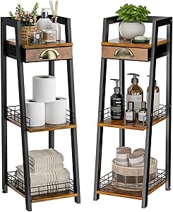 keomaisyto 3-Tier Narrow Bathroom Shelves with Drawer, Bathroom Organizers and Storage, Open Floor Ladder Shelf, Freestanding Tower Slim Standing Unit for Small Spaces - Rustic Brown
