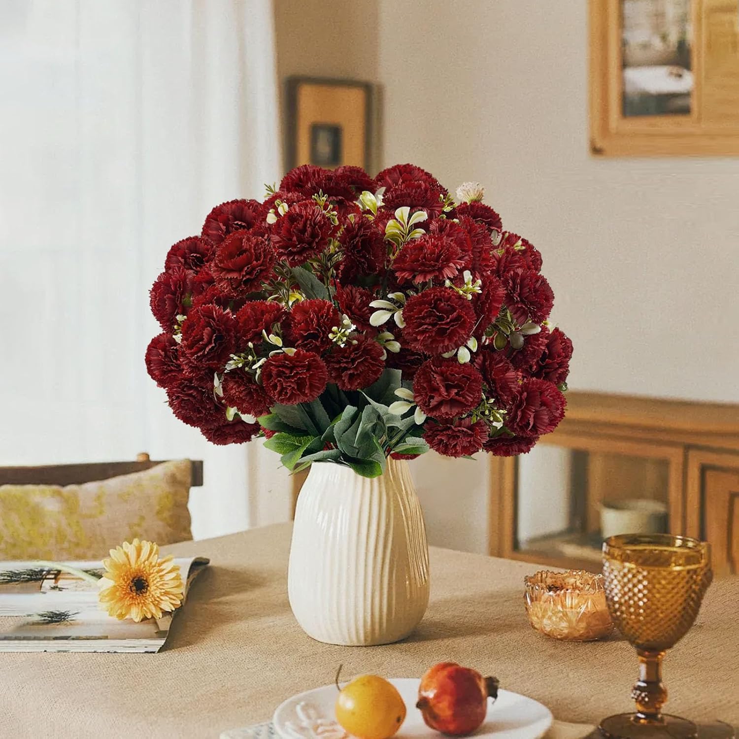 SNAIL GARDEN 72 Heads Fake Carnations, 2 Bundles Artificial Carnations Flowers, 19.6 inch/50 cm Burgundy Red Carnations Bouquet for Mother’s Day Home Wedding Party Decor