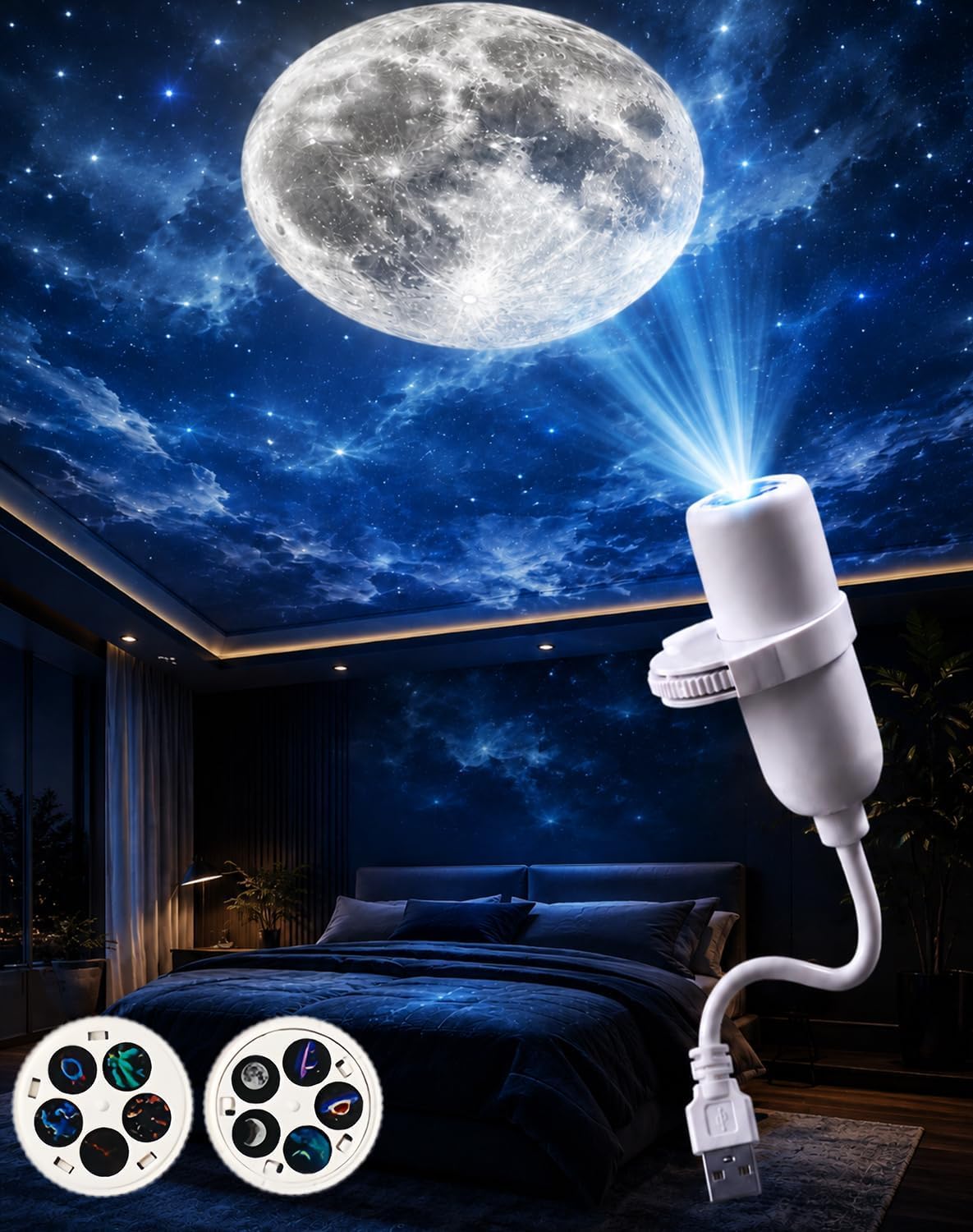 HD Smart Dynamic 5D Holographic Night Light Projector, Plug and Play HD Star Galaxy 5 in 1 HD Smart Dynamic Ceiling Projector, 360° Flexible Adjustable, USB Light for Sleep Mood Lighting (10 Films)