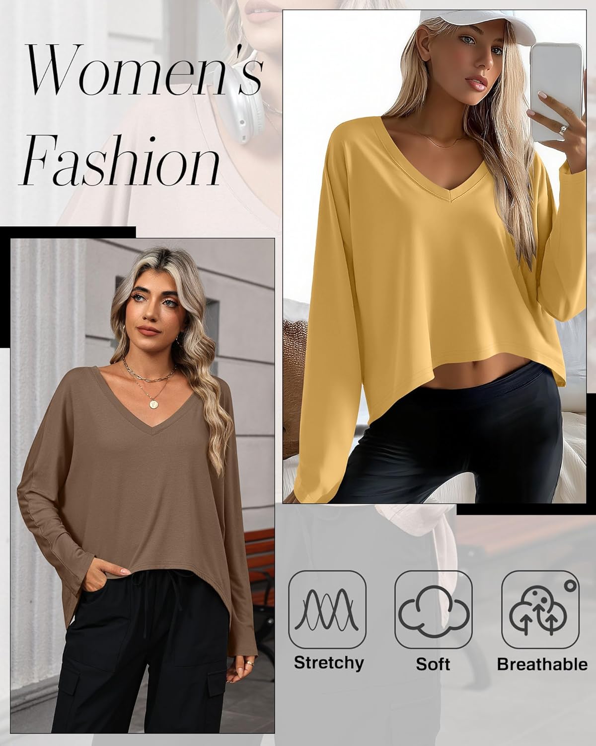 Huukeay 3 Pack Women's Long Sleeve Cropped Shirts V Neck Irregular Hem Oversized Tops Loose Casual Outfit Tees Fall Clothes - Image 5