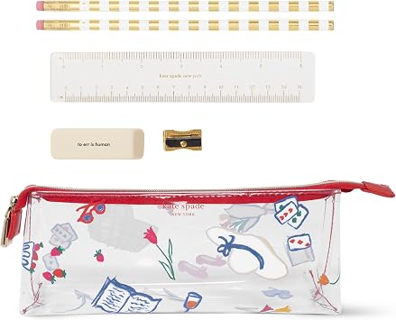 kate spade new york Clear Pen and Pencil Case for Women, Cute Work Stationery, PVC Zip Pouch Includes 2 Pencils, Sharpener, Eraser, and Ruler Park Picnic