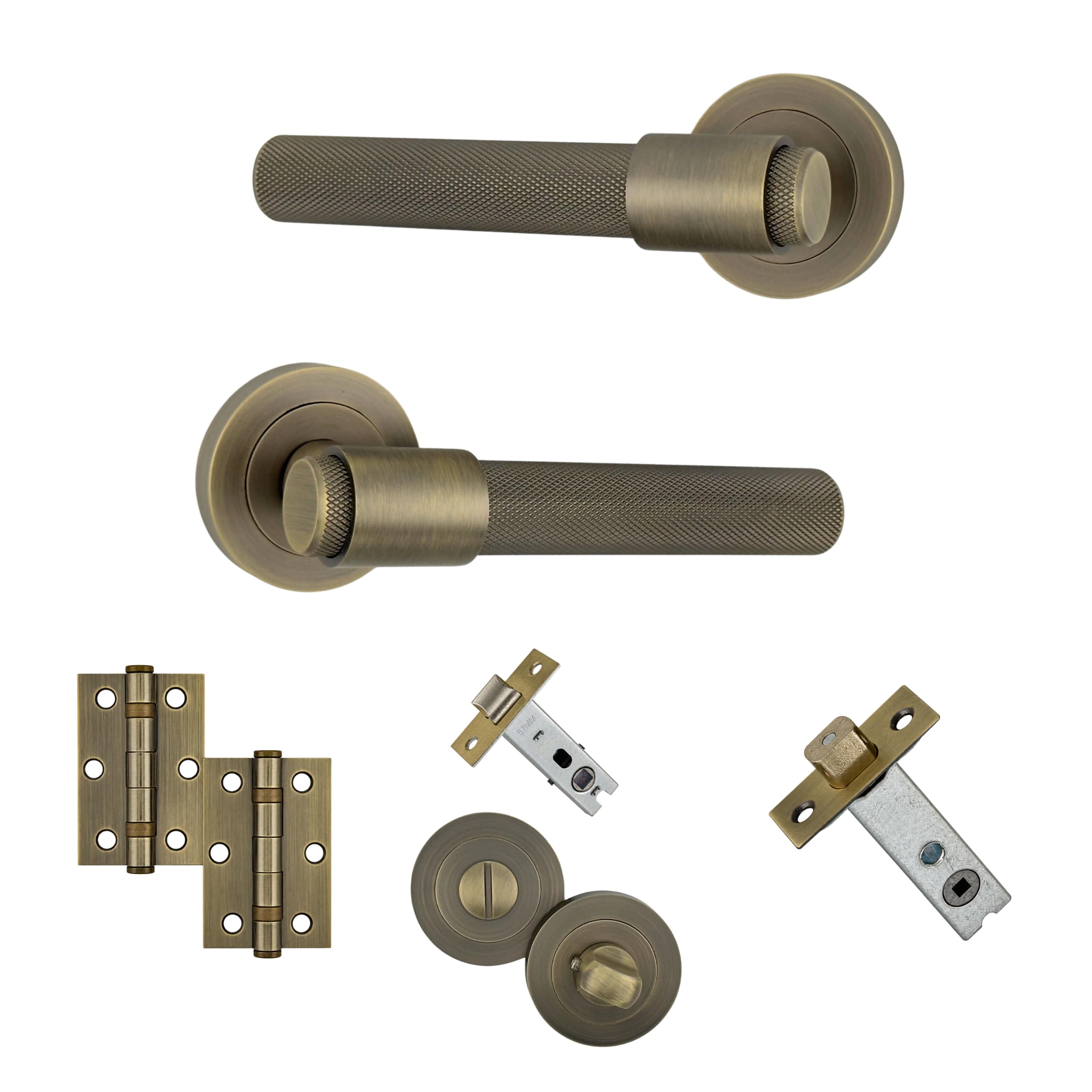 AXS Dakota Internal Door Handles on Rose – Lever Handle Pair for Wooden Doors – Modern Concealed Fix – Fits Standard UK Tubular Latch (Antique Brass, Bathroom Door Pack - 57mm Backset)