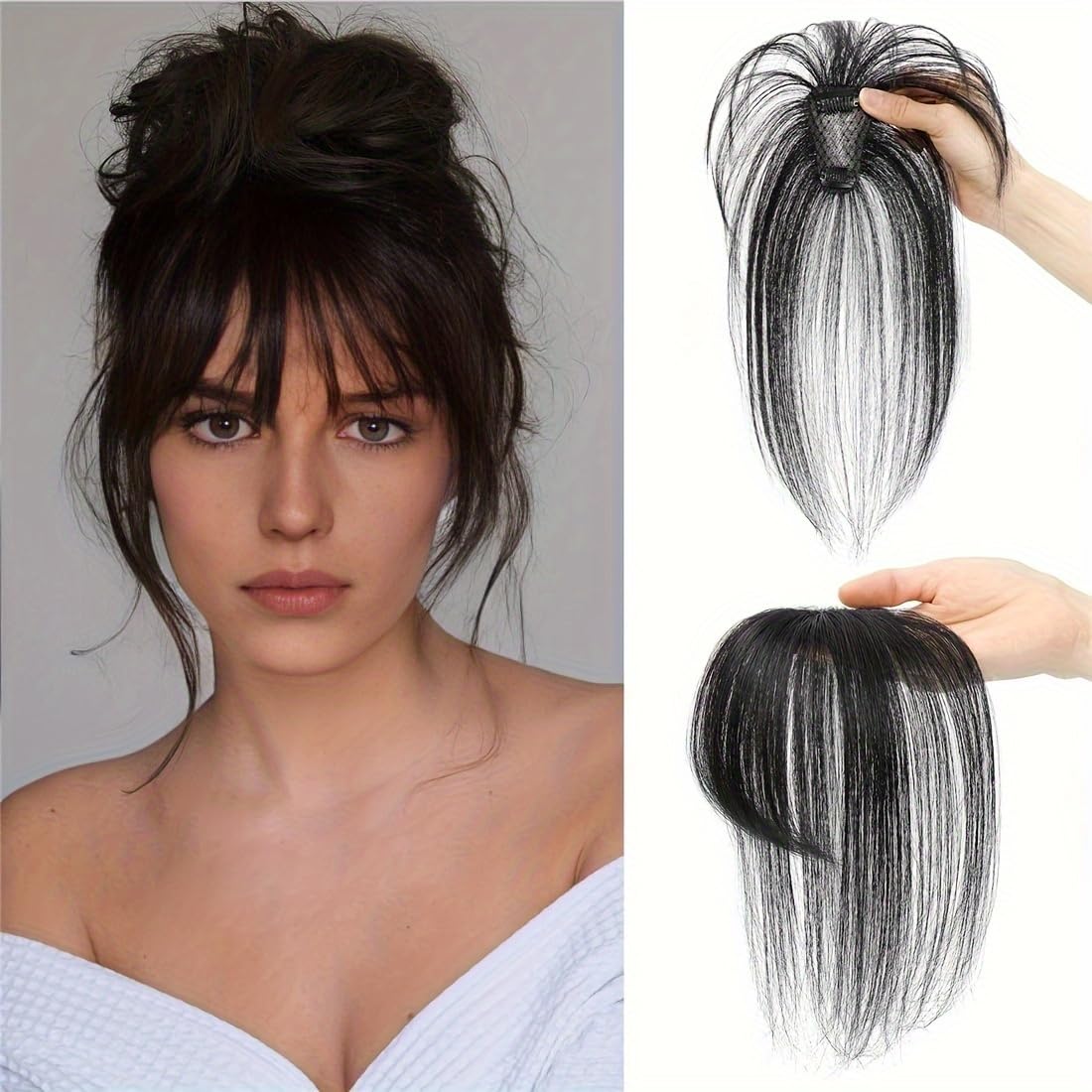 3D Human Hair Topper with Bangs, 360° Coverage, Hand-stitched T-shaped Mesh Breathable Hair Bang Topper with Clips, 3D Airy Bangs for Women (Black Brown)