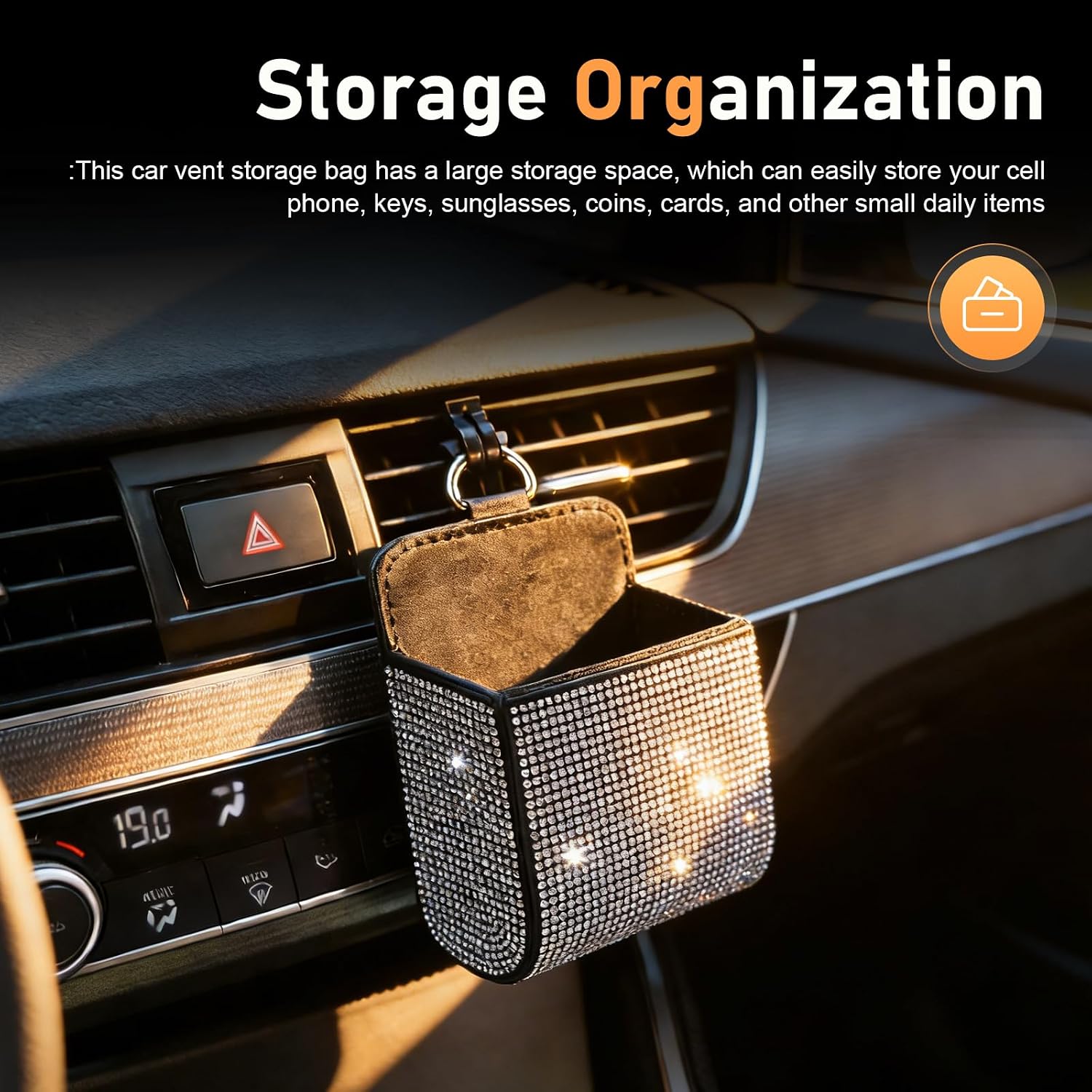 Bling Car Vent Storage Organizer, Rhinestone Car Vent Leather Pocket, Vents Storage Pouch Box for Women, Bling Auto Hanging Bag Pocket for Sunglasses, Key, Coin (White)