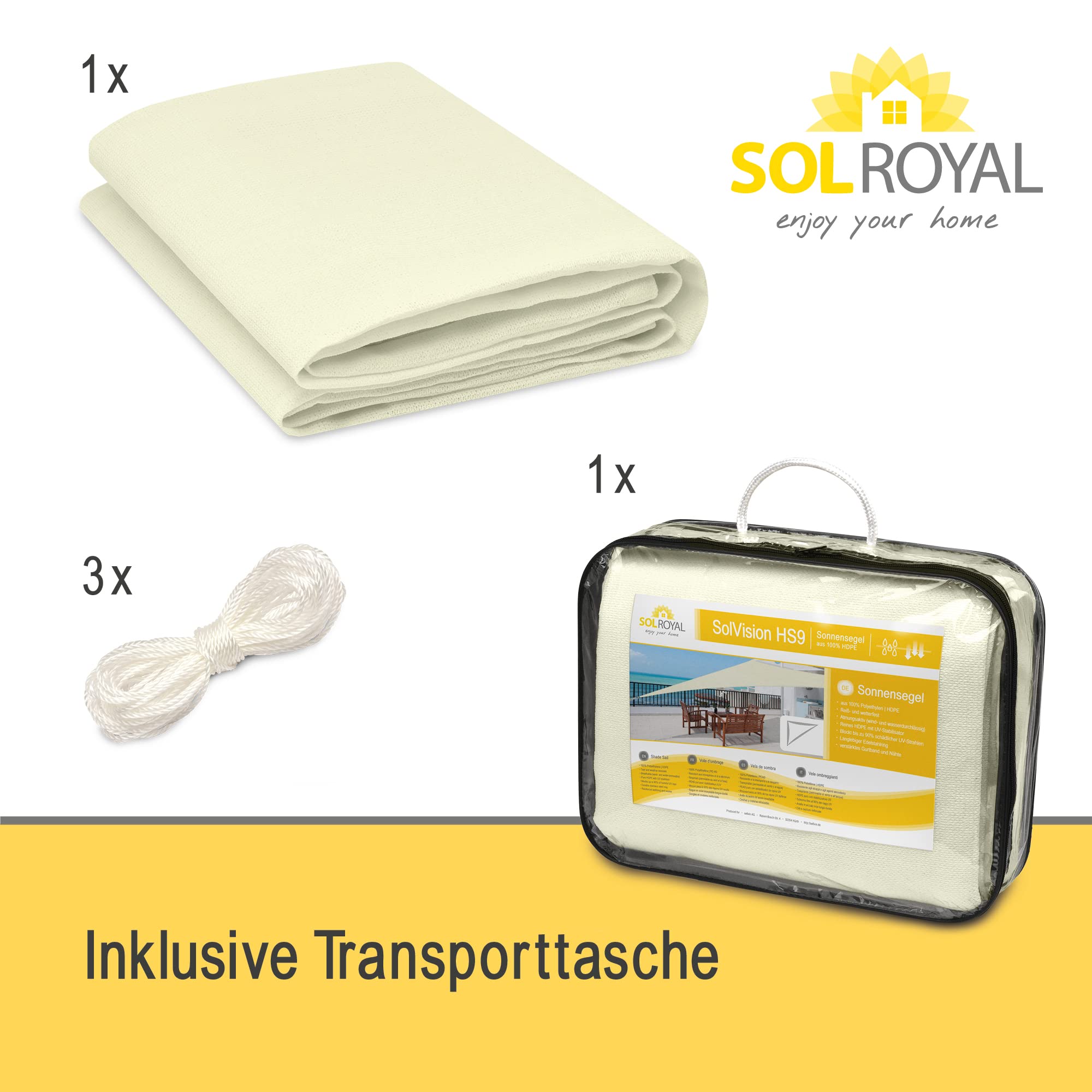 Sol Royal Sonnensegel dreieckig 3x3x3m Wasserdurchlässig HDPE Atmungsaktiver Balkon Terrasse Segeltuch UV Sonnenschutz Segel Garten Pool Camping Creme – Shade Sails HS9