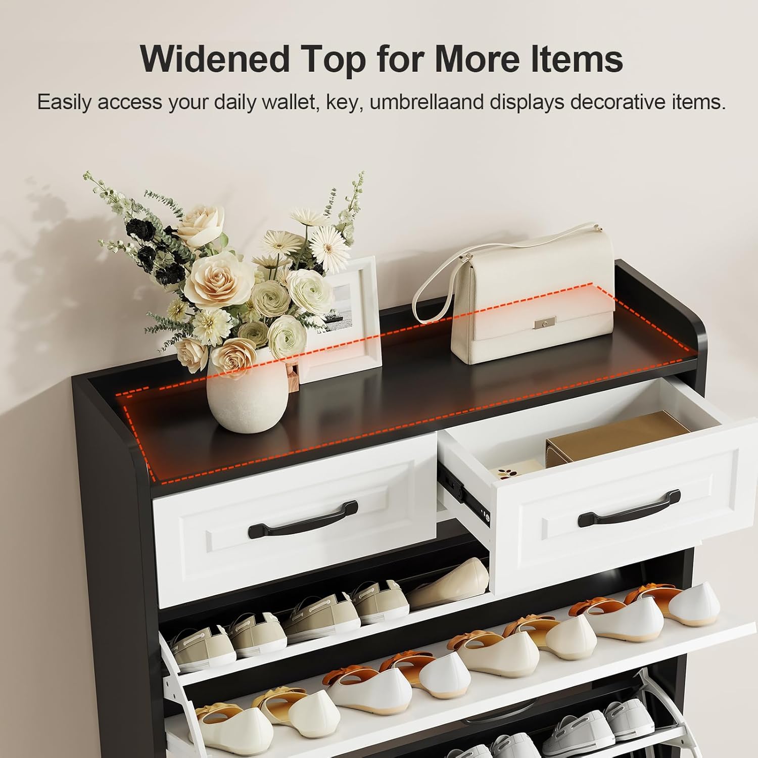 Multifunctional Narrow flip-Flop Shoe Cabinet with 3 Doors and 2 Drawers, freestanding Shoe Cabinet with Adjustable dividers, for Entrance Halls and corridors (White+Black)