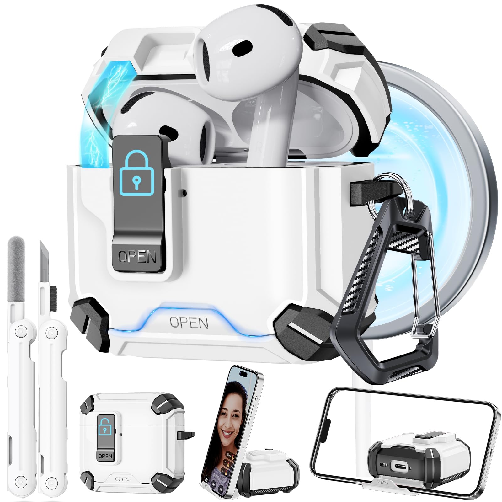 for AirPods 4 Case with Phone Stand, Secure Lock Cases for Apple AirPods 4th Generation 2024 with Cleaning Kit and Keychain, Protective Cover for Men