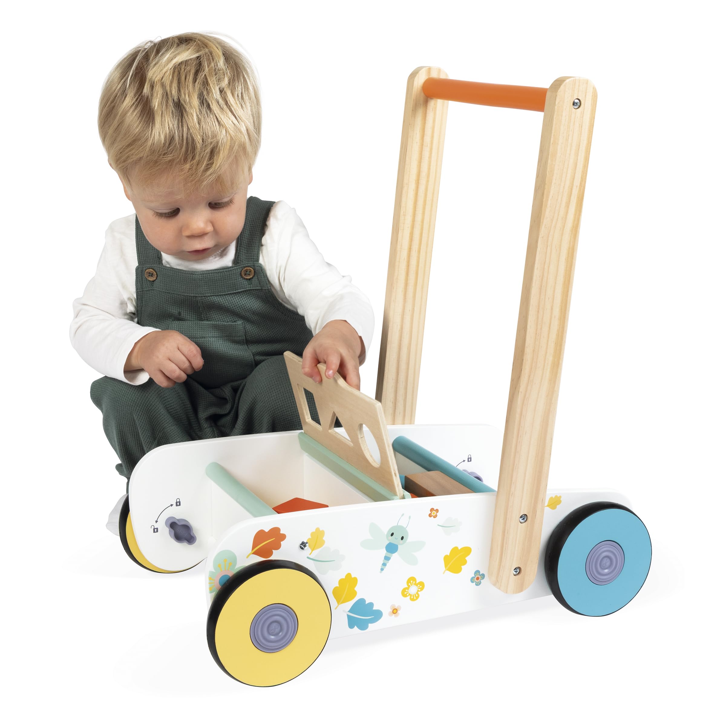 Janod - Carrello da Passeggio in Legno per Neonati e Bambini dai 12 Mesi - 18 Pezzi in Legno Inclusi + Scatola Sagomata - Ruote silenziose + Sistema frenante - dai 12 Mesi