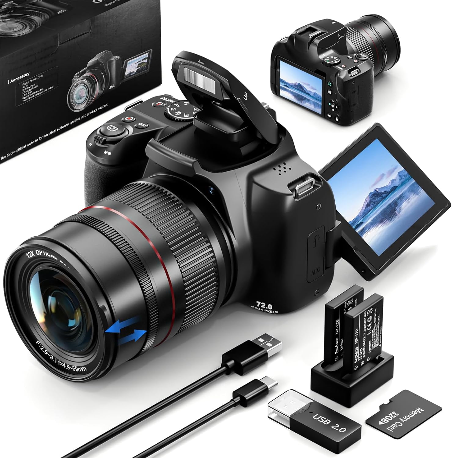 72MP Digital Cameras for Photography, 12x Optical Zoom Bridge with Macro, 4K Vlogging Camera for YouTube, Auto Focus, Straps, 2 Battries and 32GB TF Card