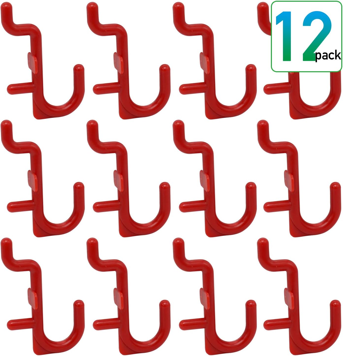 Pegboard Hooks - 12 pk J Style for Peg Board Tool Organizer Peg Hook Accessories Red Color (12 PK, Red)