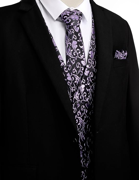 Ensemble Gilet Jacquard Floral Homme - Gilet, Cravate Et Mouchoir De Poche - Vert Foncé Taille L