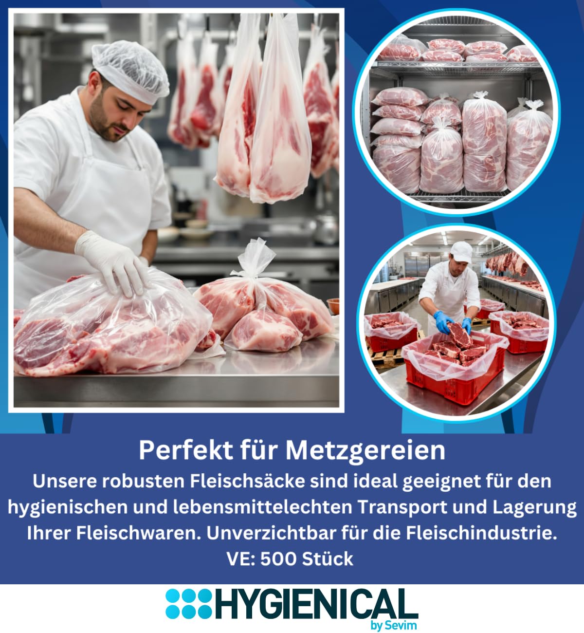 Fleischbeutel HDPE 60x40 cm – 500 Stück, Fleischsäcke/Fleischsack, Flachbeutel & Metzgersack, transparent, lebensmittelecht nach EU 10/2011 (21my - 25L)