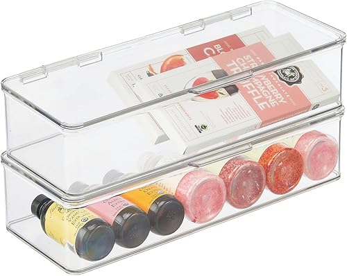 mDesign Long Plastic Kitchen PantryFridge Storage Organizer Box Containers with Hinge Lid for Shelves or Cabinets, Holds Food, Snacks, Seasoning,