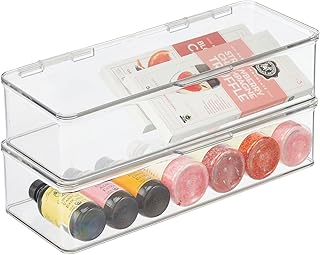 mDesign Long Plastic Kitchen Pantry/Fridge Storage Organizer Box Containers with Hinge Lid for Shelves or Cabinets, Holds Food, Snacks, Seasoning, Condiments, Flatware, Utensils, 2 Pack - Clear
