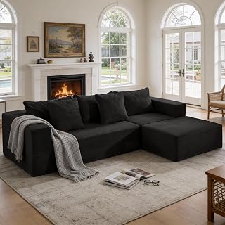 INGEROOM 108" Modular Cloud Sectional Couch with Deep Seat, Boneless Sofa with Movable Ottoman, Plush Corduroy Memory Foam Couch for Living Room, No Assembly, Black