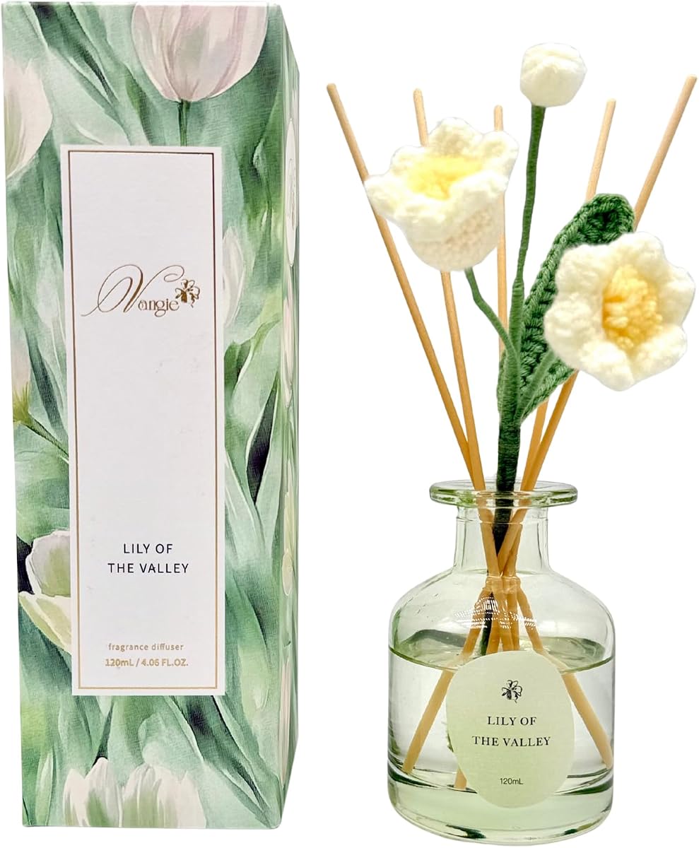 VANGIE Difusor de cañas de lirio de los valles para el hogar | Aroma floral fresco | Elegante Botella de Vidrio con Flor Hecha a Mano | Vegano, de larga duración | Dormitorios y espacios de estar