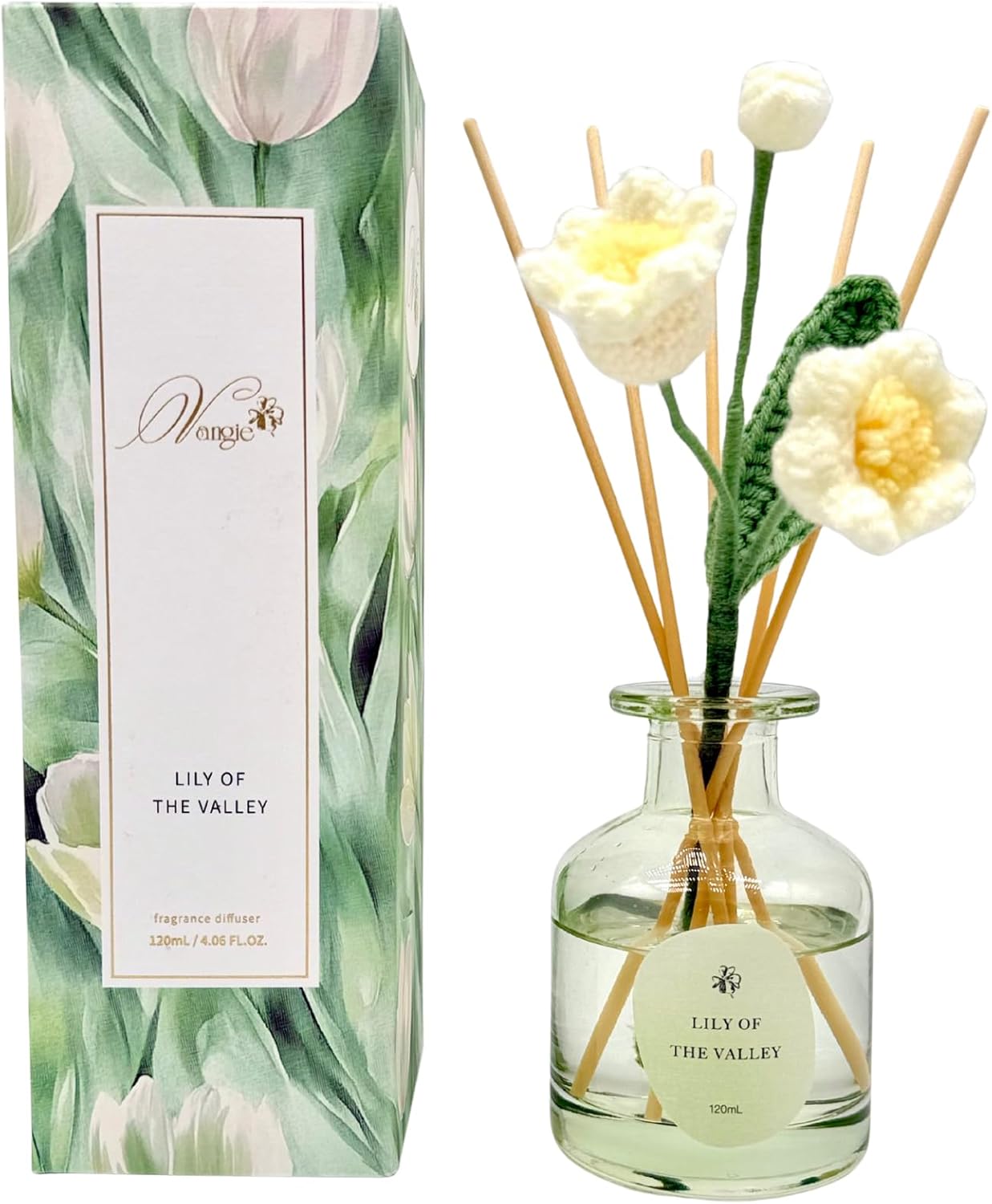 VANGIE Lily of The Valley Reed Diffuser for Home | Fresh Floral Scent | Elegant Glass Bottle with Handmade Flower | Long-Lasting, Vegan | Bedroom & Living Spaces