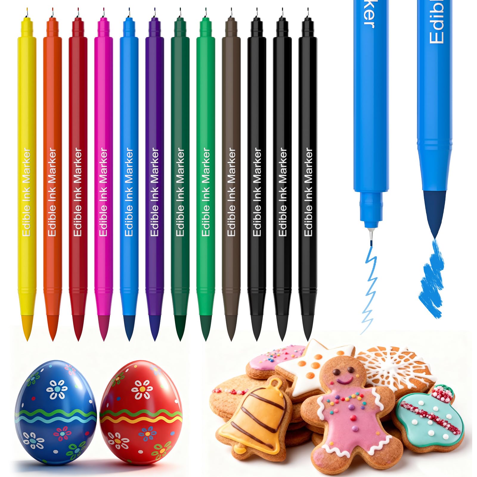 Twisweet Lebensmittelfarb Stift, 12 Stück essbarer doppelspitziger Zuckerschreiber, Lebensmittelechte Malstifte für Fondant-DIY, Zum Schreiben & Zeichnen auf Kuchen Keksen Zuckerguss Donuts Ostereiern
