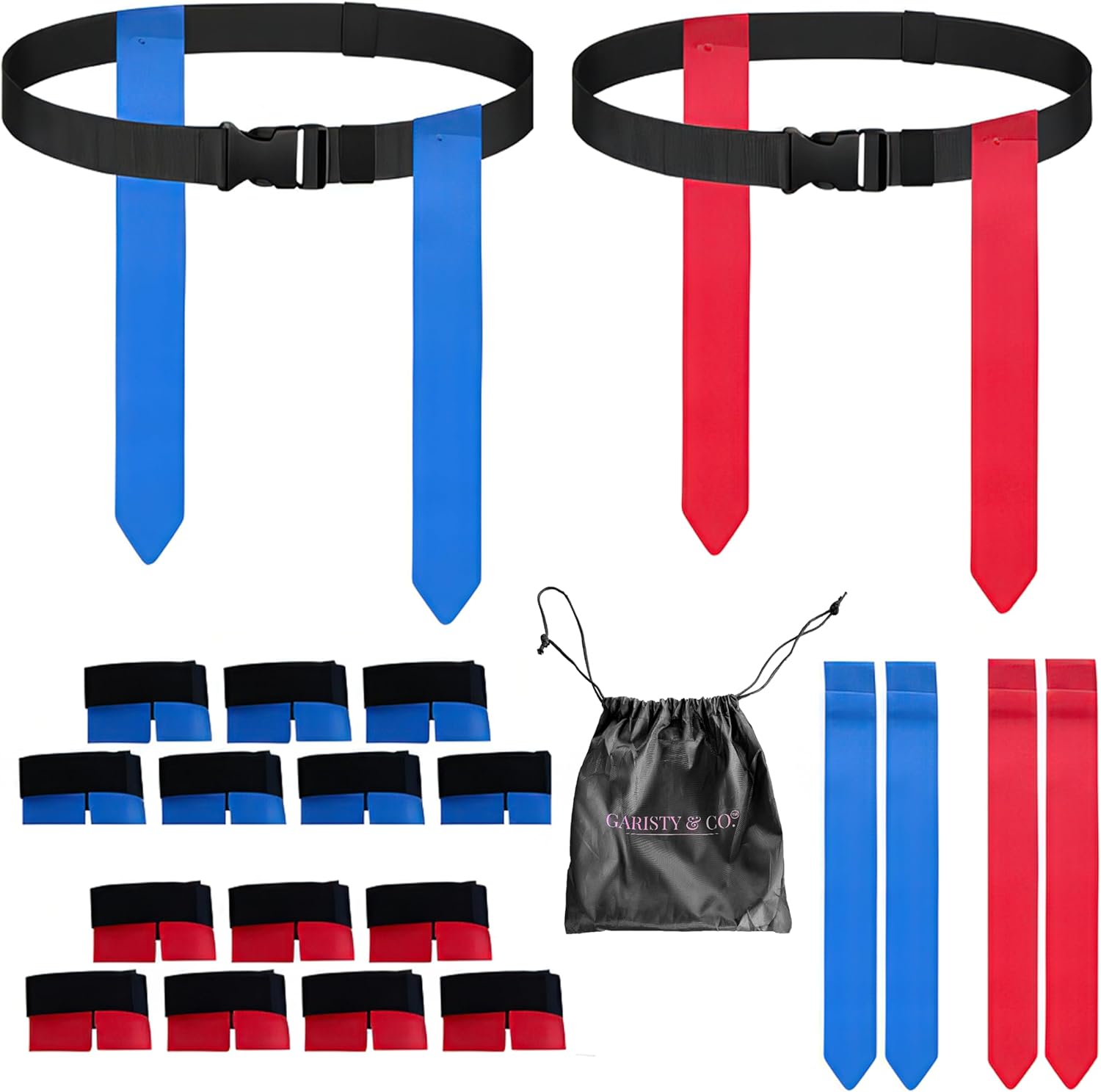 Flag Football Belts Set for 14 Players – 28 Durable Red & Blue Flags with 4 Extra Flags, Adjustable Belts & Carry Bag – Youth & Adult Flag Football Equipment for Teams, PE & Backyard Games