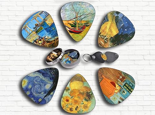 Miniatura 6 de Vincent Van Gogh - Juego completo de regalo para guitarrista Paquete de 12 púas de celuloide mediano en una caja de lata  soporte para púas - Regalo