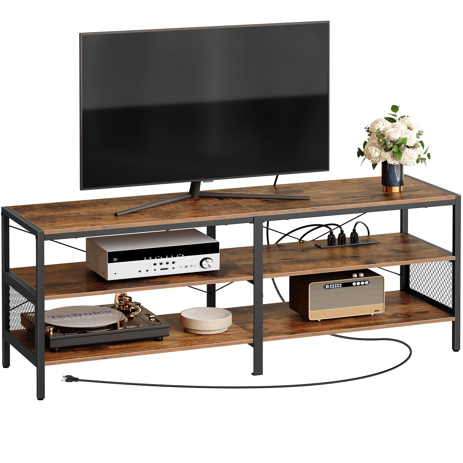 TV Stand with Power Outlets for TVs up to 75", 3-Tier TV Console Table with Open Storage Shelves, Industrial Media Entertainment Center for Living Room, Bedroom, Rustic Brown BF162DS01
