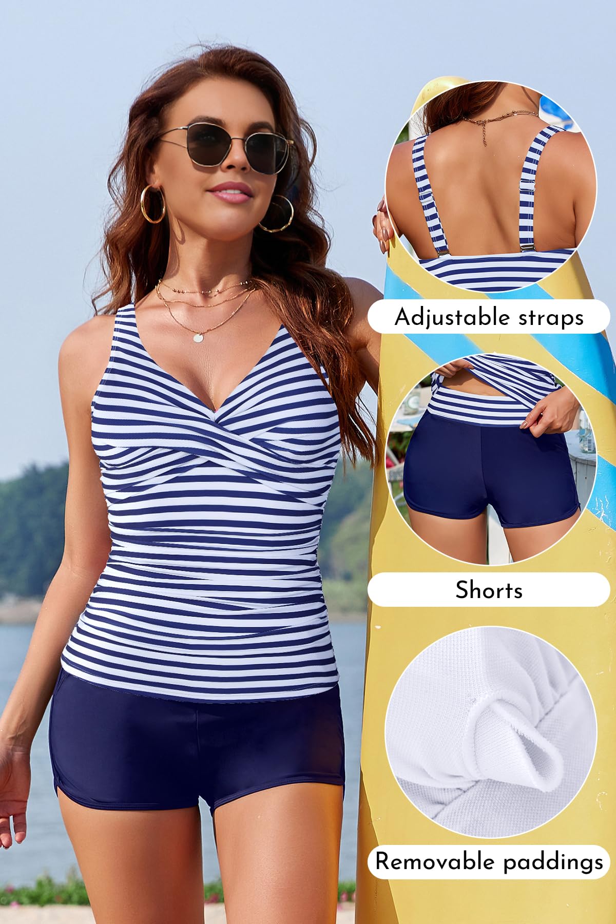 SHEKINI Maillot De Bain Deux Pièce Tankini Ensembles pour Femme Rembourré Tankini Col en V Push Up Swimwear Ventre Plat Bretelles Réglable Swimsuit avec Short