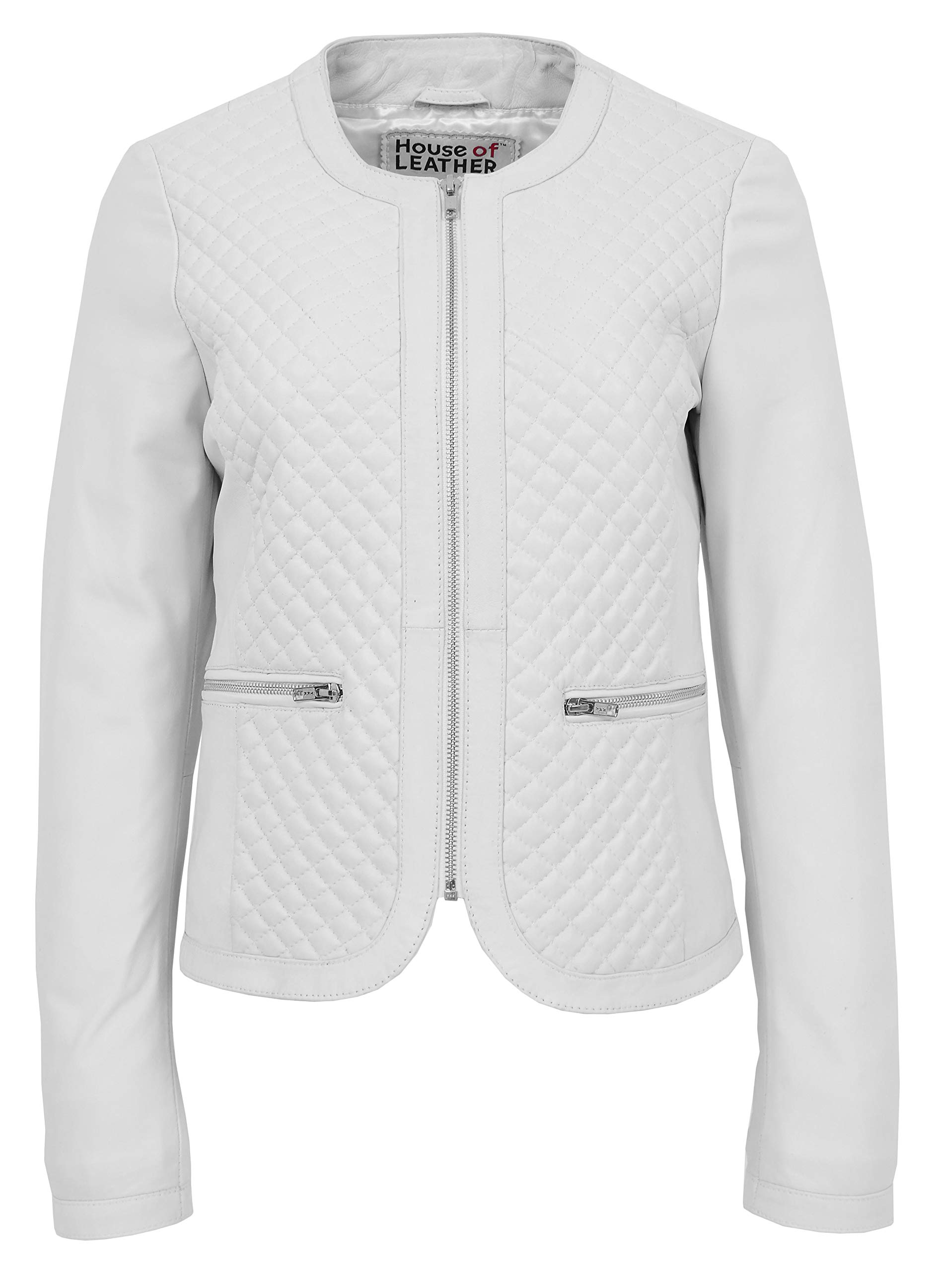 House Of Leather Women's White Real Leather Collarless Jacket Quilted Design Joan (10, )