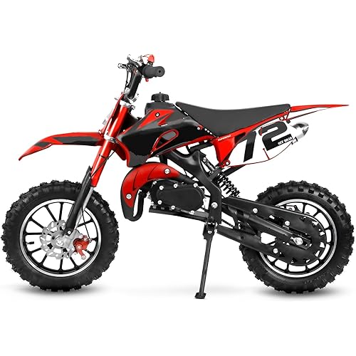Gas Powered 49cc Dirt Bike, 24 MPH Max, Dual Suspension, Front/Rear Disc Brakes, Simple Pull Start, Trail Motorcycle Red