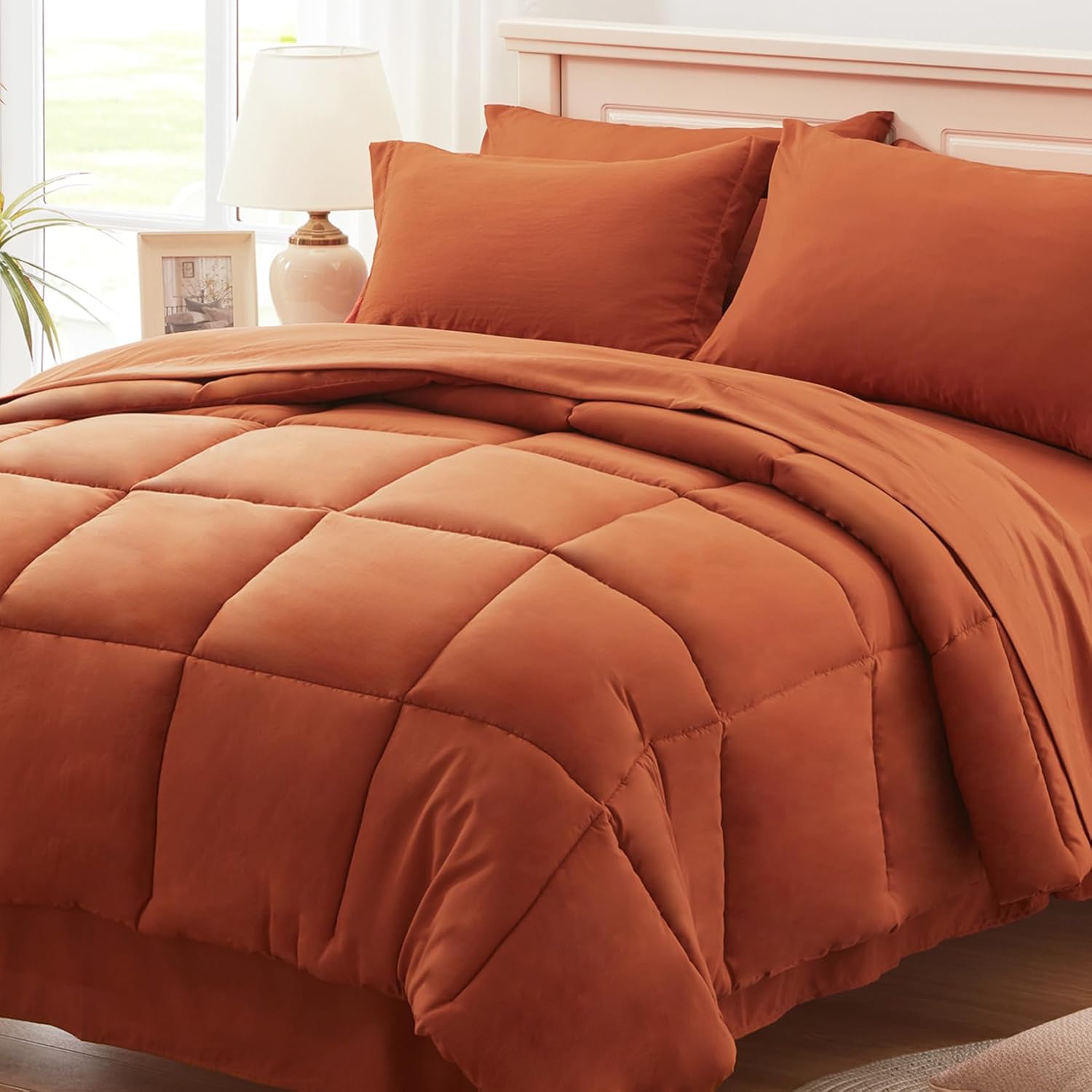 Anluoer Full Size Bed in a Bag 5 Pieces, Burnt Orange Bed Comforter Set with Comforter and Sheets, All Season Bedding Sets with 1 Comforter, 1 Pillow Sham, 1 Pillowcase, 1 Flat Sheet, 1 Fitted Sheet 03 - Burnt Orange-grid Full