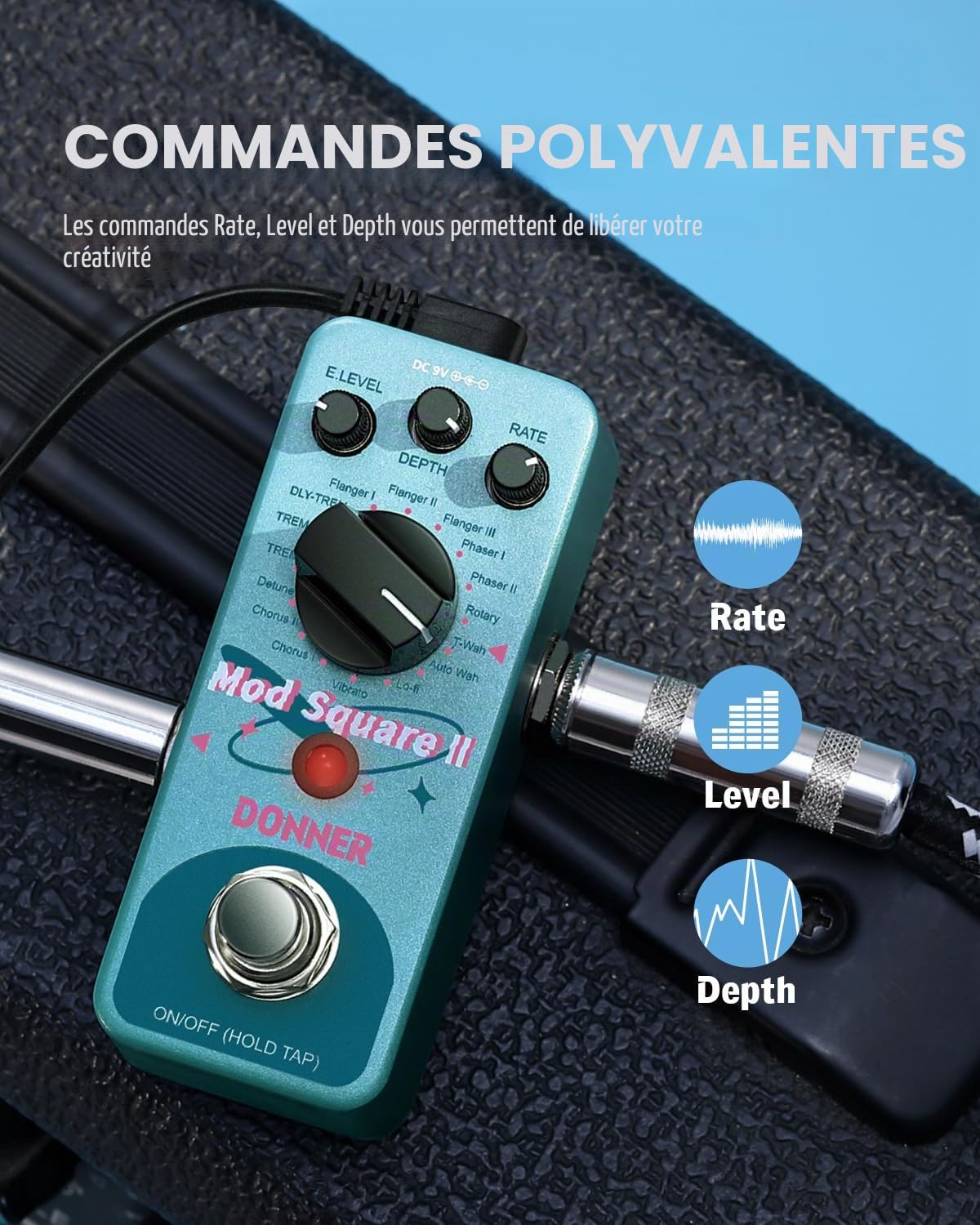 Donner Modulation Pedal - Mod Square Ⅱ 16 Effects Chorus Phaser Tremolo Flanger Rotary Vibrato 16 Modulation Modes, True Bypass
