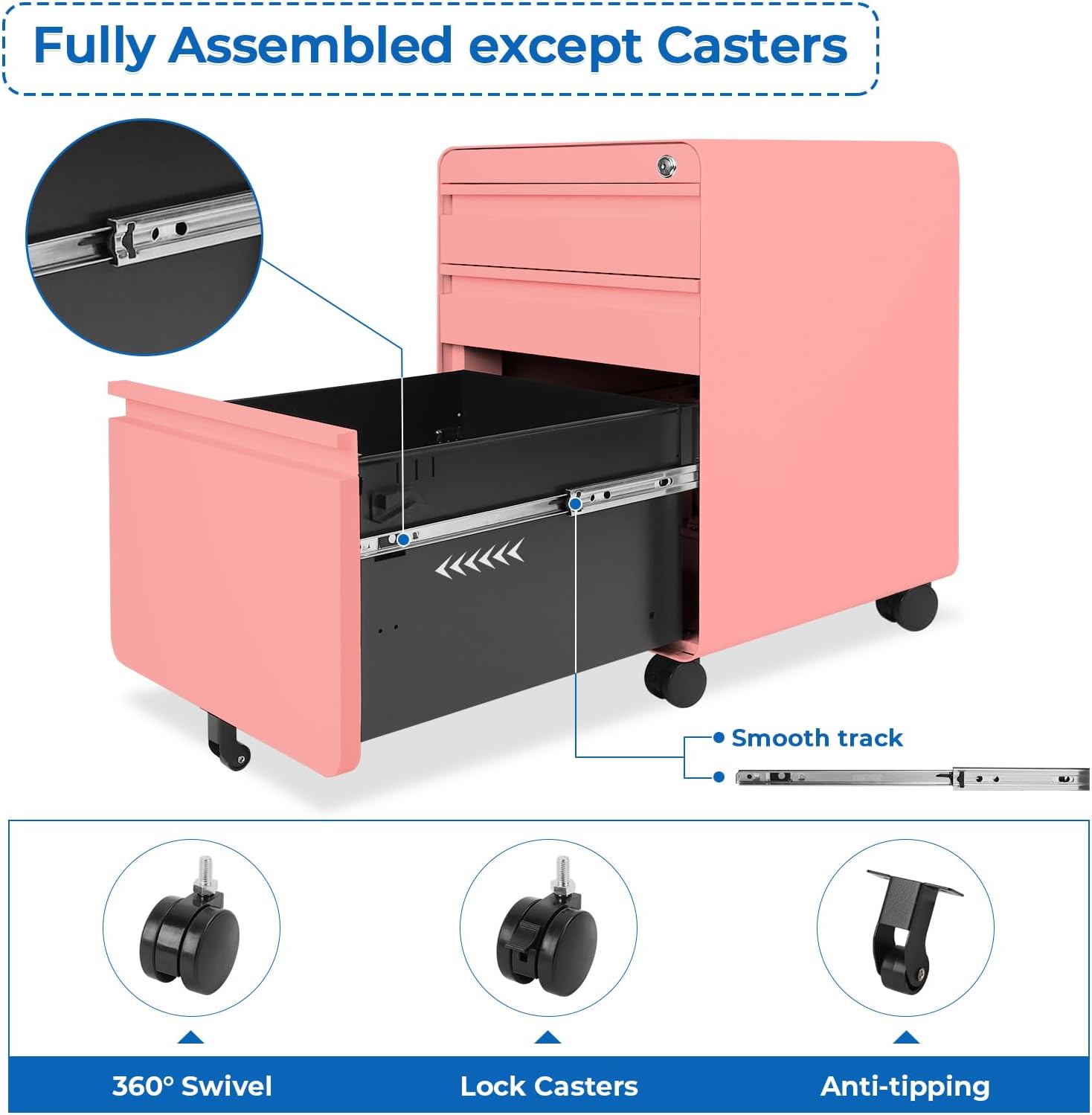 Dripex 3 Drawer Pink File Cabinet, Mobile Under Desk Storage File Cabinet with Lock on Wheels, Letter/Legal Size,Fully Assembled, Small Short Vertical Metal Rolling Filing Cabinets for Home Office