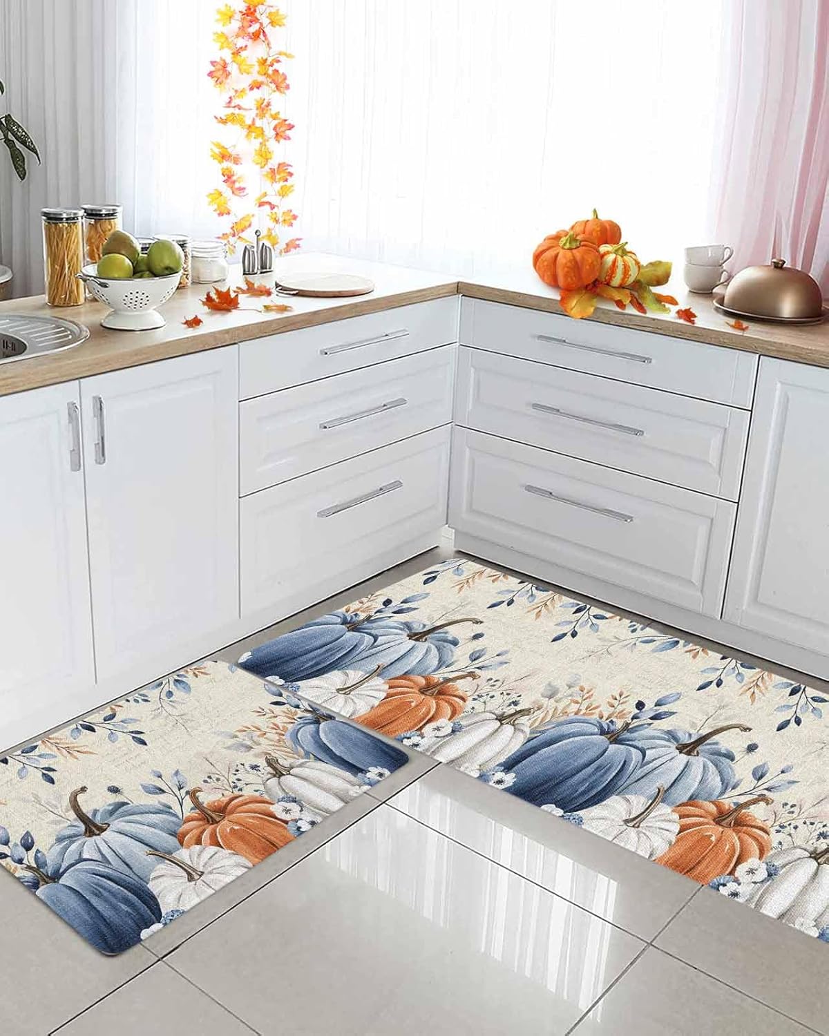 Fall Kitchen Rugs Set of 2 Blue Pumpkin Kitchen Rug and Mats Set Non Slip Floor Mats for Sink Laundry Retro Eucalyptus Leaves Floral Thanksgiving Decorative Doormat Absorbent Runner Rug 16"x47"