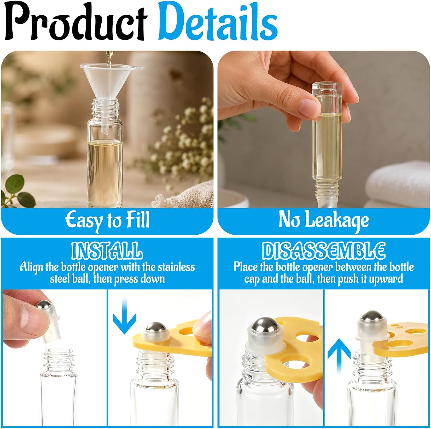 Acrux7 50 Pack 10ml Clear Glass Roller Rottles for Essential Oils