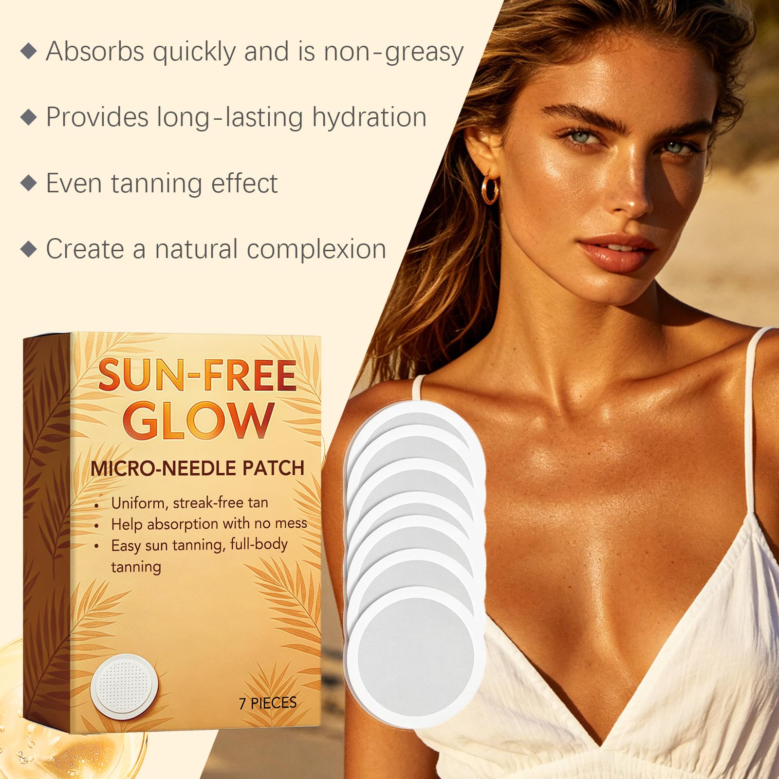 Patchs autobronzants Sun Free Glows, patchs de beauté micro-texturés pour une utilisation quotidienne, format voyage, patchs autobronzants ronds à micro-aiguilles pour un teint hâlé naturel (6PCS)