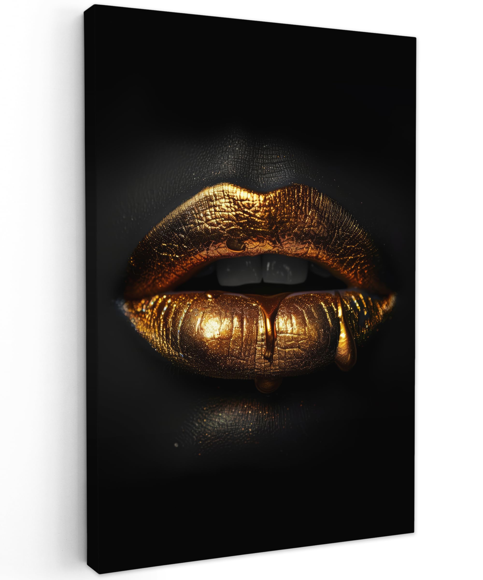 MuchoWow© Stampa di Foto su Tela Quadro Soggiorno Moderno Quadri per | 80x120 cm - Salotto Decorazioni Camera Donna - Ritratto - Labbra - Oro - Nero