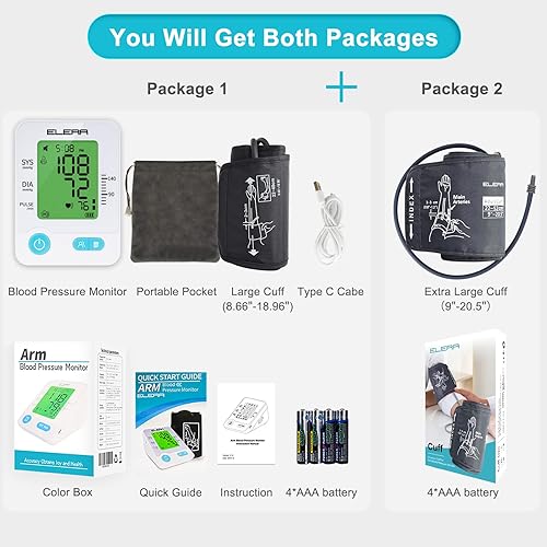 Miniatura 4 de Monitor de presión arterial de puño grande, la máquina ELERA BP incluye puño extra grande de 9 a 20.5 pulgadas y puño grande de 5.56 a 18.96