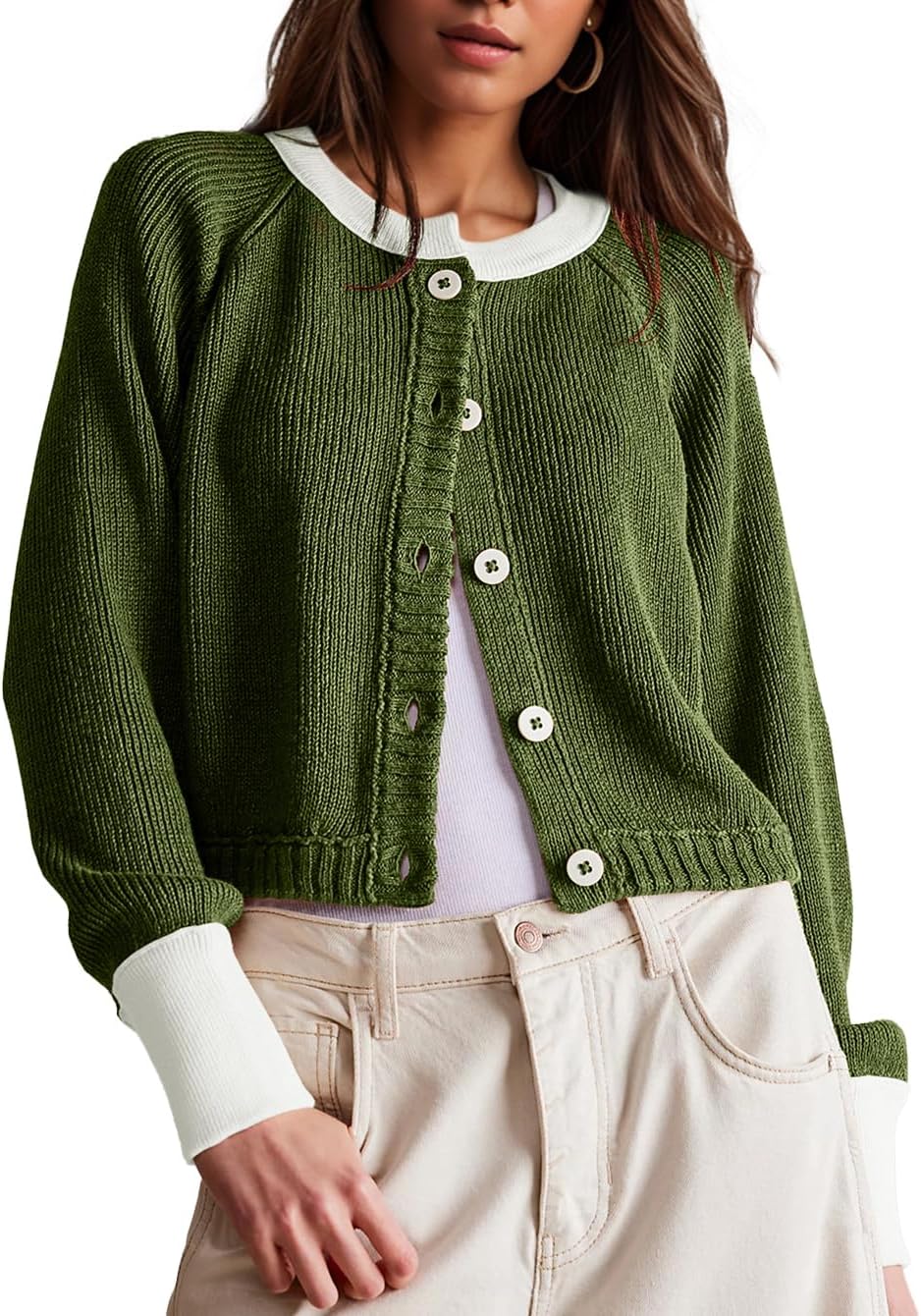 UNCLECAT Women's Cropped Cardigan Sweaters Fall Long Sleeve Open Front Cardigans Button Down Color Block Knit Outwear Coats