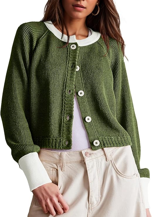 UNCLECAT Women's Cropped Cardigan Sweaters Fall Long Sleeve Open Front Cardigans Button Down Color Block Knit Outwear Coats